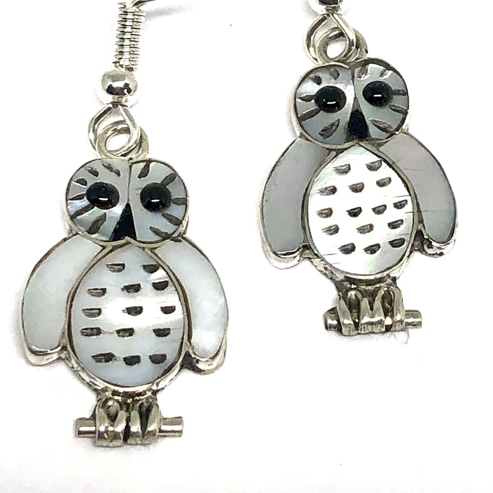Native Amer Owl Earrings Zuni MOP Inlay Hook Sterling Dangle White Snowy Signed
